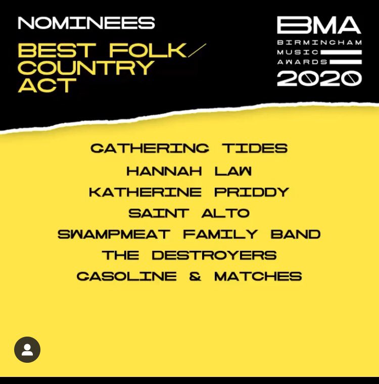 Chuffed to be nominated for a <a href="/bhammusicawards/">Bhammusicawards</a> along side friends <a href="/swampmeatmusic/">SwampmeatFamilyBand</a> and label mates <a href="/KatherinePriddy/">Katherine Priddy</a> (Static Caravan Recordings) It’s been a good week 👌