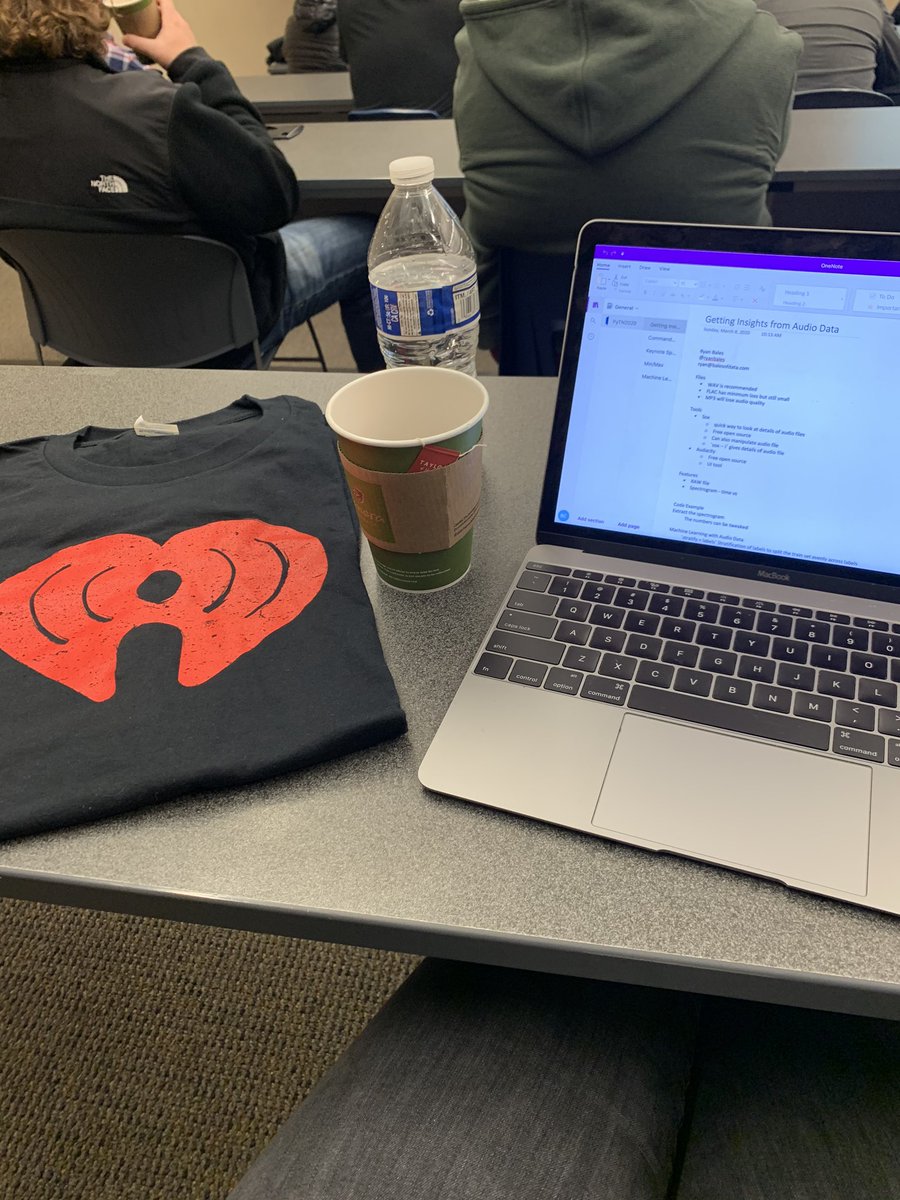 brittanycity's tweet photo. Learned so much about using Python tools for machine learning with audio data, great talk @ryanbales! And speaking of audio, thanks @iHeartRadio for the T-shirt! #PyTN2020 https://t.co/QJmCh70jNq