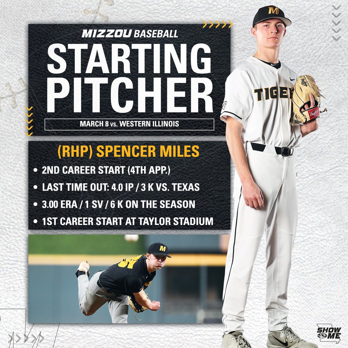 MizzouBaseball's tweet photo. Rock Bridge High School alum and CoMo native @spencerdmiles gets his 1st career start at Taylor Stadium❗

#C2E 🐯⚾ https://t.co/2wG5ZmMmVi
