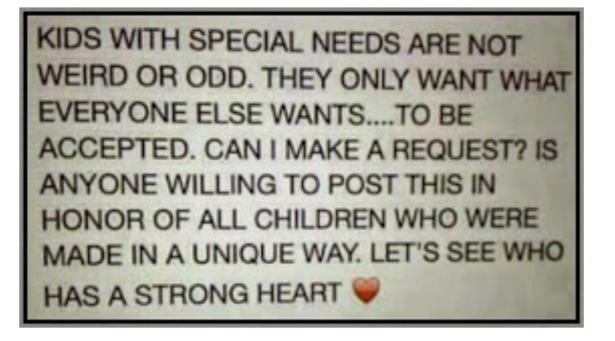 AshleyM94317519's tweet photo. This is so true, so many kids with special needs are frowned upon, and looked at differently compared to other children. Society needs to understand; that every body is unique in their own way, and deserves to be treated equally. https://t.co/cmFckQxZCB