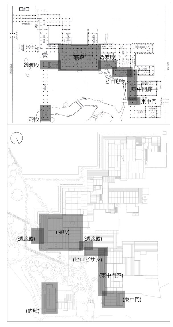 桂離宮の平面はいつも台所などの裏方部分が省略される。全体を描いた