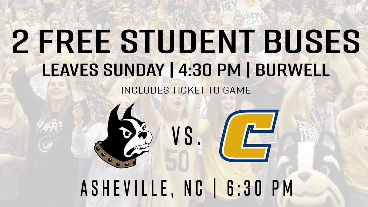 WoffordMBB's tweet photo. 🚨 WOFFORD STUDENTS 🚨

You get a FREE TICKET to tonight’s game if you hop on one of our two student buses! See you tonight!

#SNACKTIMEtour #GAMEDAY https://t.co/1V1qFea4s4