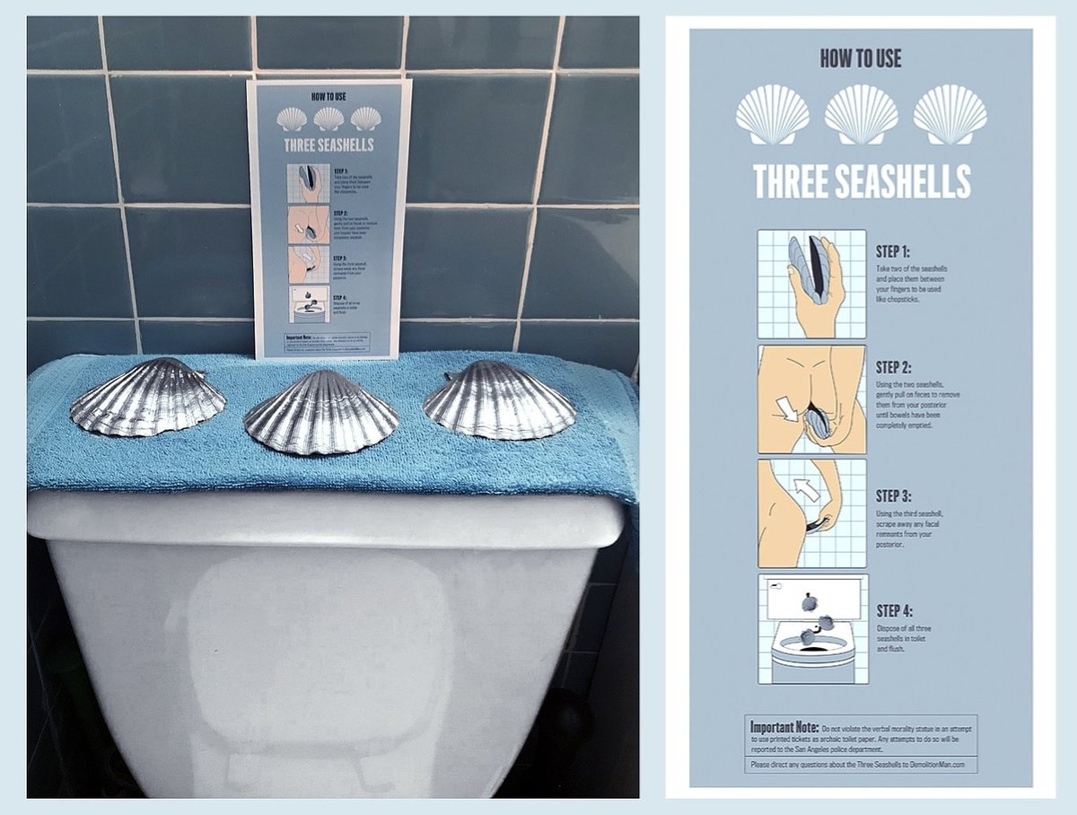 Leecutleractor's tweet photo. In this time of toilet roll shortage, let's remember what demolition man taught us about the three sea shells !! #threeseashells #toiletroll #toiletrollshortage #howtousethethreeseashells #demolitionman #sylvesterstallone #wesleysnipes #coronavirus #COVID19 #apocolypse https://t.co/IsVgWdbdlX