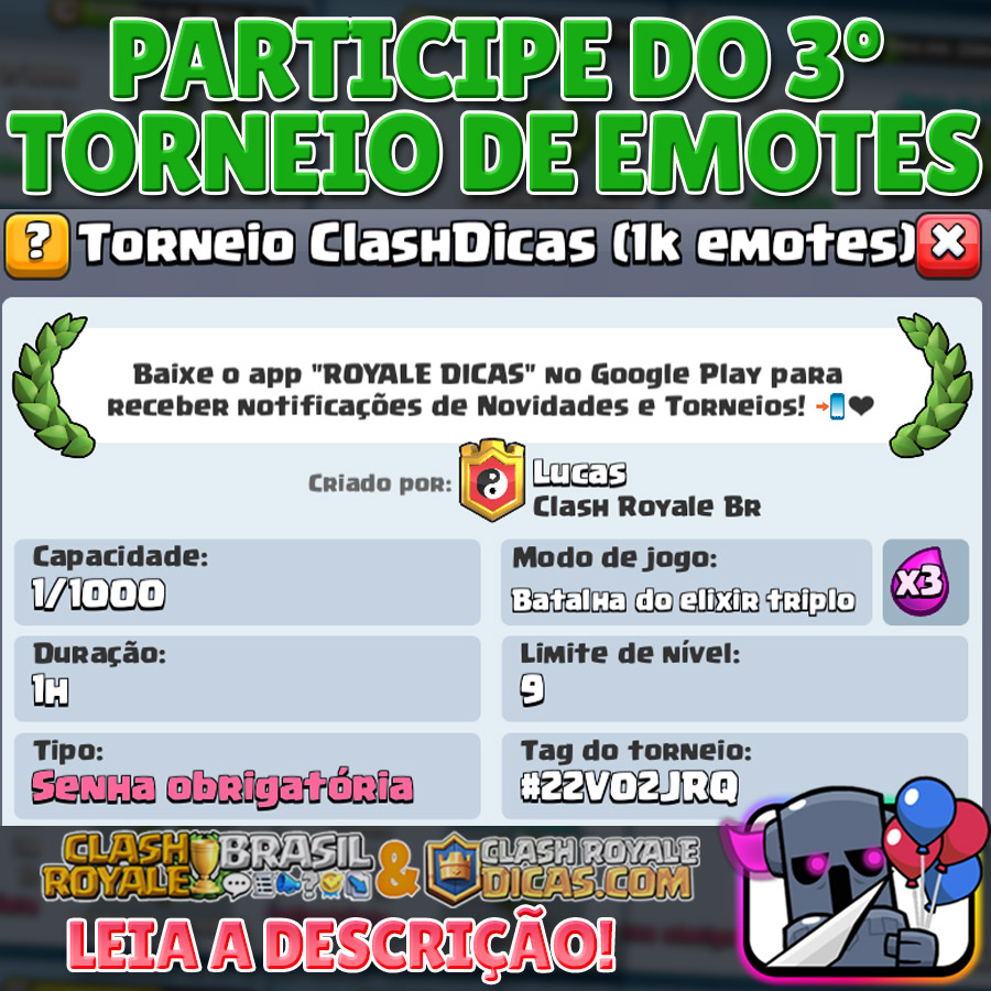 ClashDicas's tweet photo. 3º TORNEIO DE EMOTES CLASHDICAS 🏆🥞
⠀
Nome: Torneio ClashDicas (1k Emotes)
Tag: #22V02JRQ
Senha: baixenossoapp
⠀
https://t.co/nF7iPMVWPo
⠀
❤ Aproveitando, apoiem na loja, com o código "ClashDicas". Além de me ajudarem, isso tornará possível a realização de sorteios! https://t.co/9oGuDz72Zc