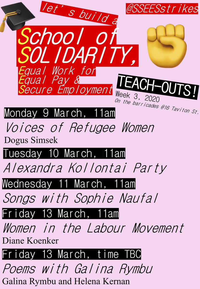Happy #InternationalWomensDay! Announcing a phenomenal schedule of patriarchy-smashing, solidarity-inducing teach outs on the <a href="/SSEESstrikes/">SSEES strikes & supports Ukraine 🇺🇦 #Solidarity</a> picket next week, ft. <a href="/dogussimsek/">Doğuş Şimşek</a>, @MurrayShookchin, Sophie Naufal, Diane Koenker, Galina Rymbu and Helena Kernan <a href="/UCL_UCU/">UCL-UCU Stop the Destruction of Higher Education</a> #UCUstrikesback