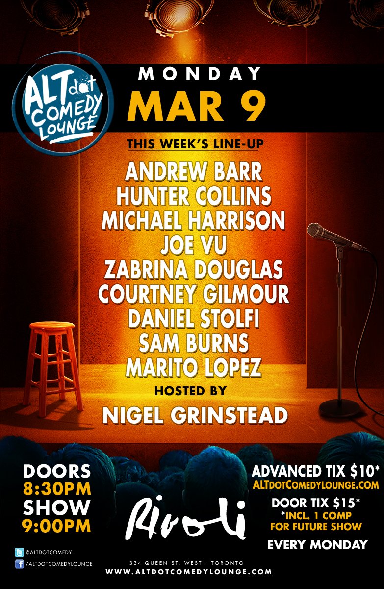 ALTdot COMedy Lounge (@altdotcomedy) on Twitter photo Tomorrow! The ALTdot Comedy Lounge at the <a href="/RivoliToronto/">Rivoli</a> . With MC <a href="/NigelGrinstead/">Nigel</a> <a href="/AndrewBarr8/">Andrew Barr</a> <a href="/Hunter_Collins/">Hunter Collins ๐ค ๐ธ๐ฆ๐ฎ๐ท๐ซ๐ฒโณ๏ธ๐ดโโ ๏ธ</a> @comedyslave
Zabrina Douglas <a href="/joevu/">Joe Vu</a> Courtney Gilmour @danielstolfi <a href="/samburnz93/">Sam Burns</a> @Nochampagnepapi
More info and tix: ow.ly/iGBg30nS7Fr Tomorrow! The ALTdot Comedy Lounge at the <a href="/RivoliToronto/">Rivoli</a> . With MC <a href="/NigelGrinstead/">Nigel</a> <a href="/AndrewBarr8/">Andrew Barr</a> <a href="/Hunter_Collins/">Hunter Collins ๐ค ๐ธ๐ฆ๐ฎ๐ท๐ซ๐ฒโณ๏ธ๐ดโโ ๏ธ</a> @comedyslave
Zabrina Douglas <a href="/joevu/">Joe Vu</a> Courtney Gilmour @danielstolfi <a href="/samburnz93/">Sam Burns</a> @Nochampagnepapi
More info and tix: ow.ly/iGBg30nS7Fr
