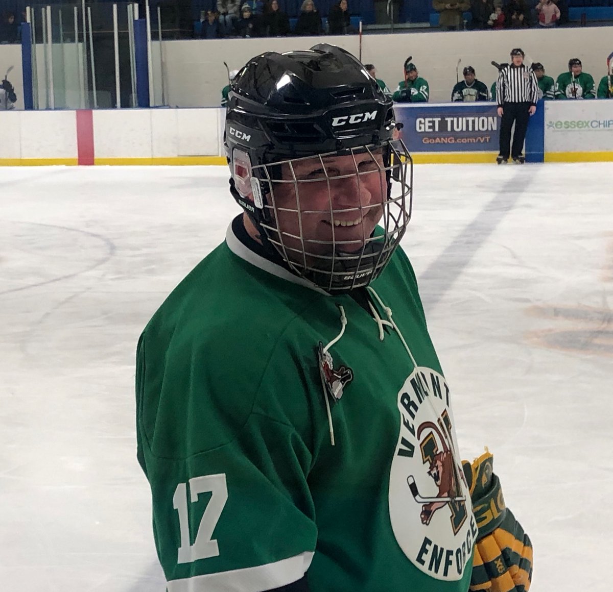Retired <a href="/VTStatePolice/">Vermont State Police</a> Sgt. Jo Jo Leahy (the one and only) holds the line for the Enforcers vs the Essex Youth Hockey coaches charity game. Funds raised will support Essex youth hockey.