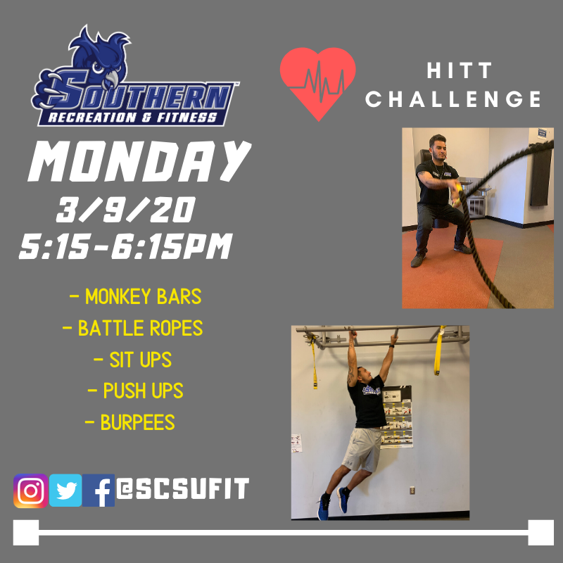 Join Recreation and Fitness as we host our HIIT challenge. Prizes for top participants including a $10 Amazon Gift card! This event is open for all students (no membership is required) 💪🦉