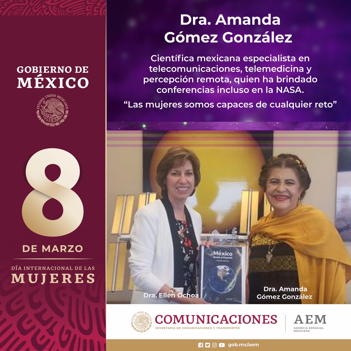 AEM_mx's tweet photo. #DíaInternacionalDeLasMujeres

Conoce a Amanda Gómez González, quien ha contribuido significativamente al impulso del sector espacial en #México 👉 https://t.co/5Df9LOsHCC

#8M https://t.co/ic7iIK1uX9