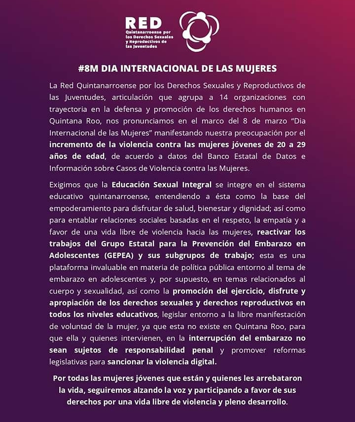 Por todas las mujeres jóvenes que están y quienes les arrebataron la vida, seguiremos alzando la voz y participando a favor de sus derechos por una vida libre de violencia y pleno desarrollo. 🧒👩🧑👩‍🦱👩‍🦰👧👱‍♀️👵🧕

#8M #YoMarcho  #RQDSYRJ