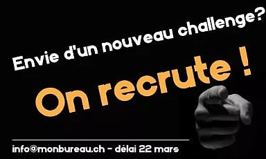 👉🏻 Après une première phase développement, MonBureau SA passe à l’étape supérieure. On recrute un.e médiamaticien.ne à 60% passionné.e par la communication, le marketing et le développement de sites internets.

Envoie-nous avant le 22 mars un dossier à info@monbureau.ch.
