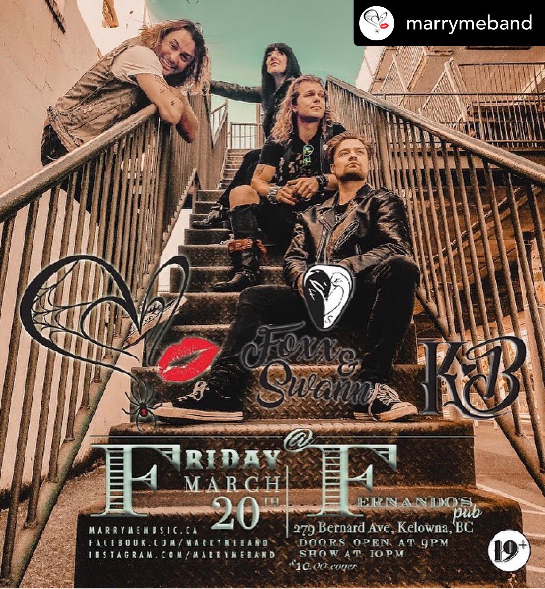 MarryMeMusic1's tweet photo. Get your affairs in order; FRIDAY MARCH 20 @MarryMeMusic1 is coming back to #Kelowna @FernandosPub Opening sets by #breiandkylan and @FoxxSwann https://t.co/fu3AS8Fpx0