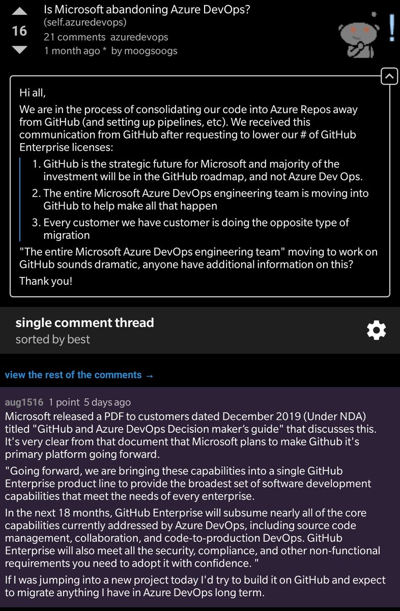 Not wanting to spread rumours or potential misinformation, but if this is true then the next 12 months will be very interesting.
reddit.com/r/azuredevops/…