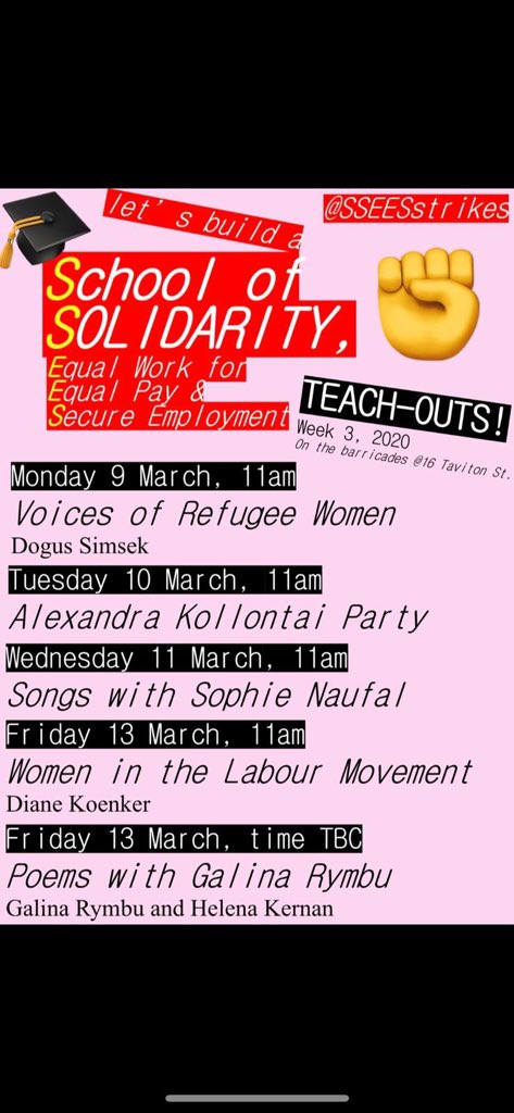 A whole week celebrating #IWD2020 on the <a href="/UCLSSEES/">UCL School of Slavonic & East European Studies</a> picket line, our brilliant lineup starting tomorrow at 11am with <a href="/dogussimsek/">Doğuş Şimşek</a> on the voices of refugee women - not to be missed! #InternationalWomensDay #UCUstrikesback #UCUstrike