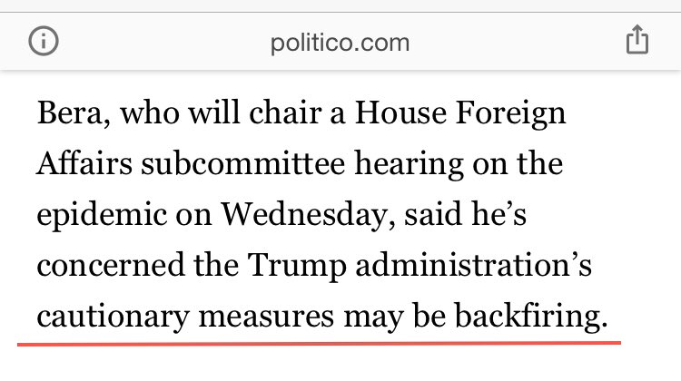 Politico's narrative in early Feb didn't just attack the Trump Admin's steps on Corona as being too much. The article kept blaming the moves as harming efforts to control the virus! One such claim came from  @RepBera; the other came from WHO's top doctor! See the four attachments: