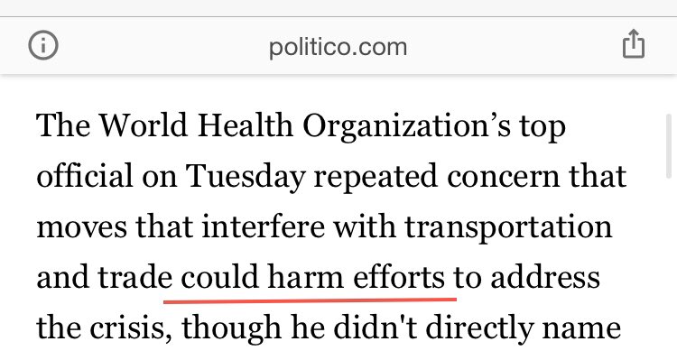 Politico's narrative in early Feb didn't just attack the Trump Admin's steps on Corona as being too much. The article kept blaming the moves as harming efforts to control the virus! One such claim came from  @RepBera; the other came from WHO's top doctor! See the four attachments: