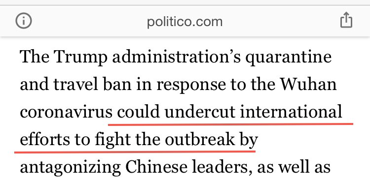 Politico's narrative in early Feb didn't just attack the Trump Admin's steps on Corona as being too much. The article kept blaming the moves as harming efforts to control the virus! One such claim came from  @RepBera; the other came from WHO's top doctor! See the four attachments: