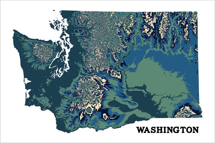 Artistic #map of the topography of #Washington. 1000 ft contours, 5 repeating colors. Find more states at beatnikprints.com/state-wide-maps