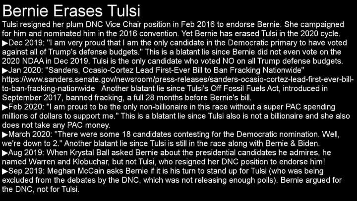 Uber_guy603's tweet photo. @BernieSanders How can we trust you to fight for what's right when that has changed so much in the past four years? You are refusing to stand up for the only Woman of Color left and you have been erasing her this entire campaign. Why did you turn your back on @TulsiGabbard ? https://t.co/A3IjKB8hBr