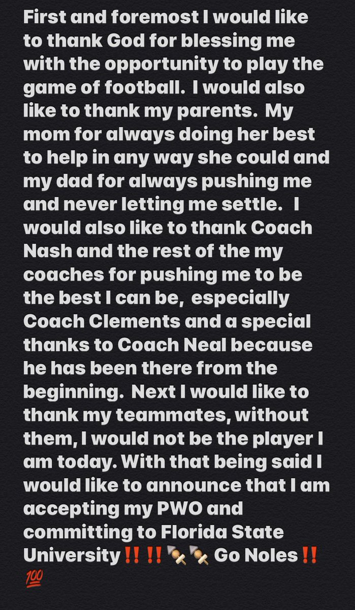 parkerself4's tweet photo. After my visit to FSU yesterday, I have decided that they are the best fit for me‼️💯% committed🍢🍢
Thanks @Coach_Norvell for this opportunity‼️ 
@ThomsenChris @r81dugans 
@JnashCoach @zack_pine 
@SPaulding_FB @PassFootball5 
@FSUFootball https://t.co/YTUIEqMc1F