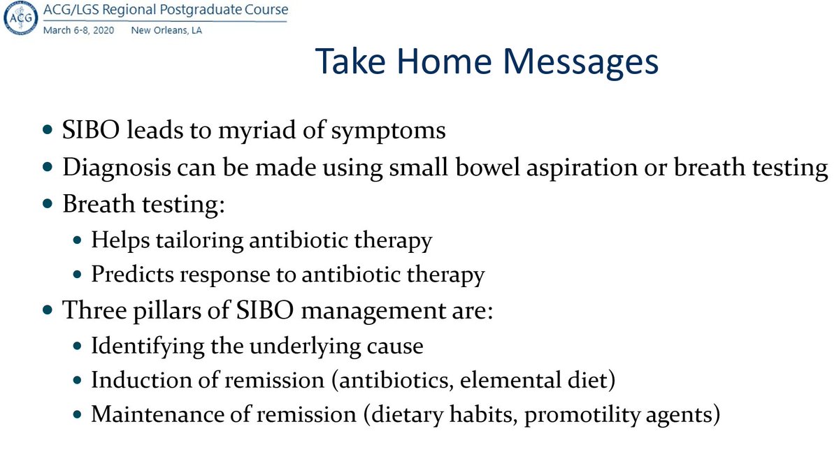 Take home messages for my talk on #SIBO today at the American College of Gastroentrology Postgraduate Course in New Orleans.
Well-organized course with great attendance.
#Microbiome #IBS