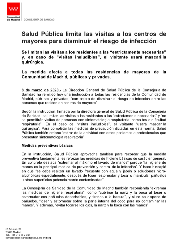 SaludMadrid's tweet photo. La Dirección General de Salud Pública de la @ComunidadMadrid establece medidas de precaución en residencias de mayores públicas y privadas en relación al #coronavirus.

#coronavirusEspana #CoronavirusESP #Coronavirusmadrid https://t.co/gB4JB97gN9
