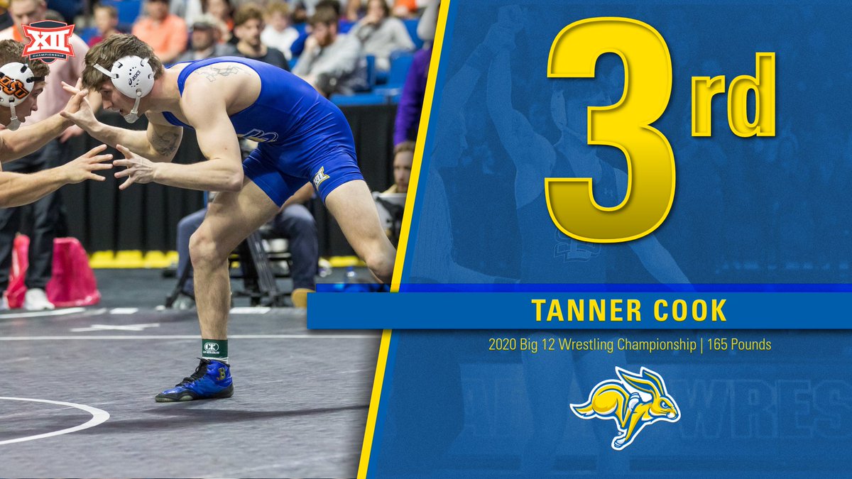 GoJacksWrestle's tweet photo. 165 Third-Place Match | Tanner Cook does it again! With two seconds remaining in the second period, he pins Chase Straw (Iowa State) to secure third place and solidify his first NCAA berth! #GetJacked https://t.co/d0NRLUuJpZ