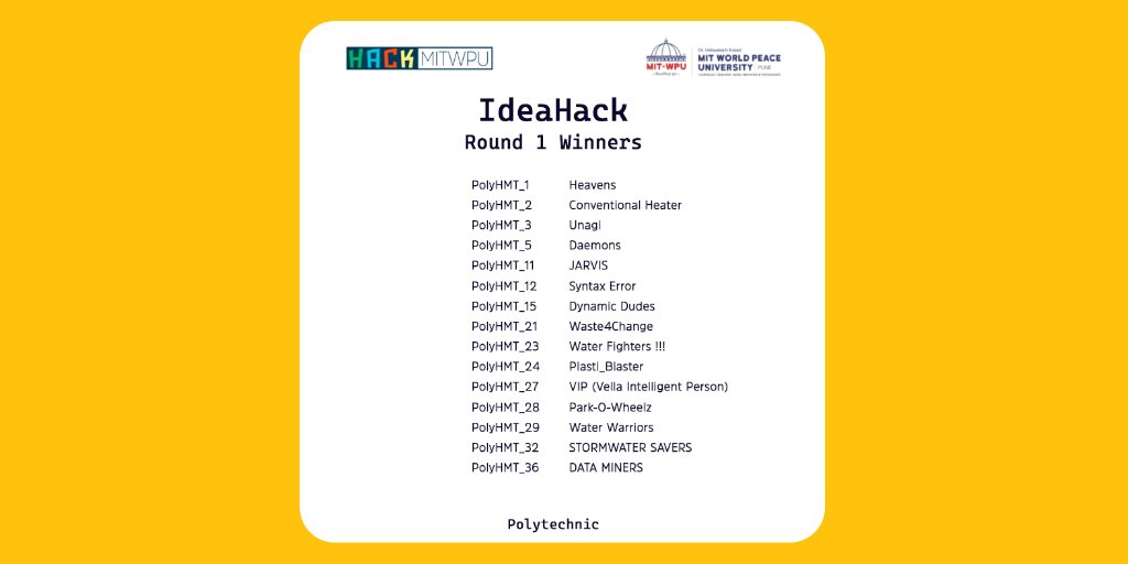 HackMITWPU's tweet photo. Round 1 Polytechnic Track - IdeaHack Winners
#hackmitwpu #hackathon https://t.co/hjZ7aytSQQ