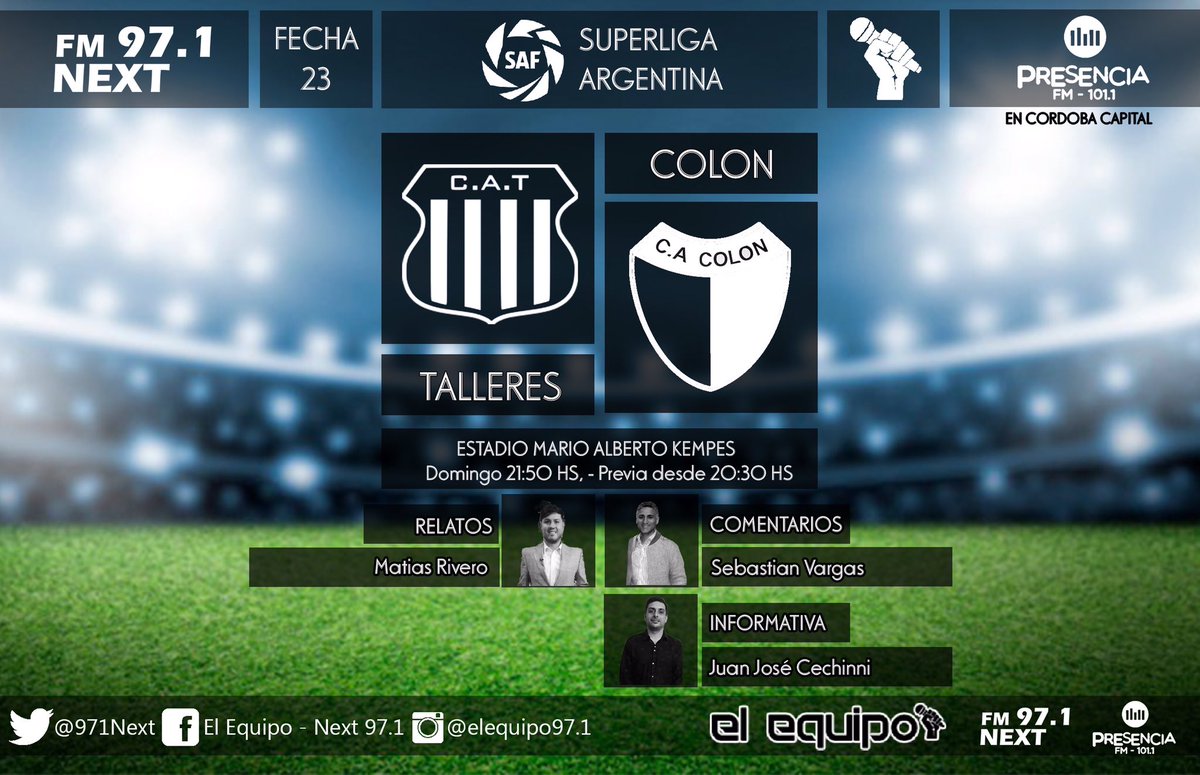 971Next's tweet photo. LOS DOS BIEN JUNTOS

#Belgrano y #Talleres juegan en horarios similares y con “El Equipo” no te perdes nada. 

🎤 18:30hs. “La Previa”. 
🏟 Beranger / Kempes. 
⚽️ #Temperley - Belgrano / Talleres - #Colón
🎙 Gabriel Britos / Matias Rivero. 
📻 Next 97.1 / @fmpresencia 101.1 https://t.co/tQIvXSrAXG
