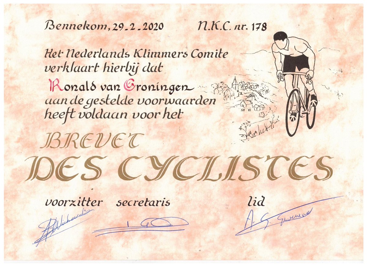 Ronald van Groningen uit Roosendaal (N.Br.) behaalde het BREVET DES CYCLISTES. Aan hem zal binnenkort het brevet met het volgnummer 178 worden toegezonden. klimmersbrevet.nl