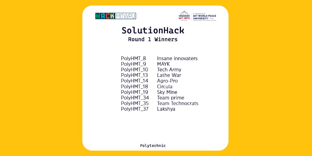 HackMITWPU's tweet photo. Round 1 Polytechnic Track - SolutionHack Winners
#hackmitwpu #hackathon https://t.co/6TmBdVApGA