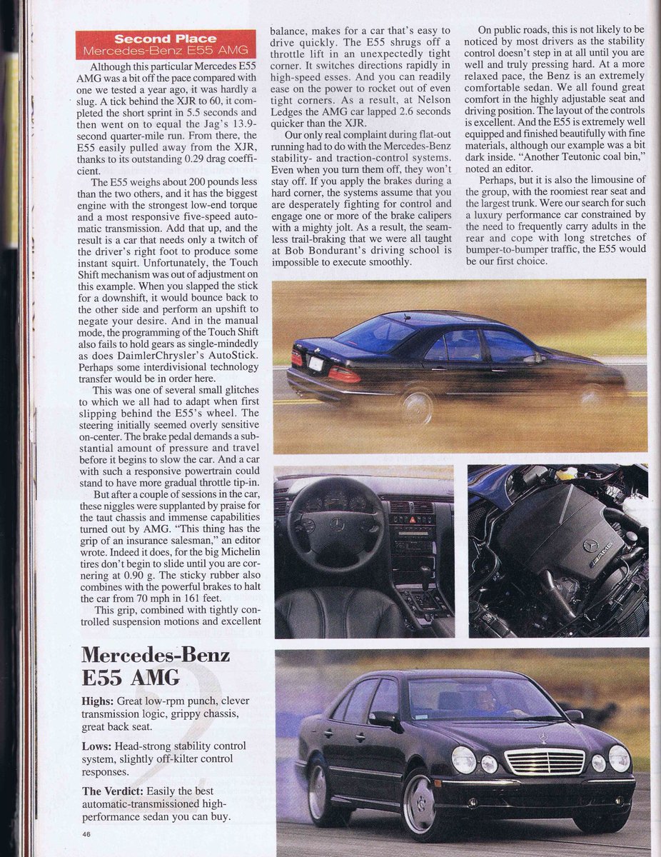 AyerCars's tweet photo. #Hace20años en Car &amp; Driver de marzo/2000: comparativo de los sedanes BMW M5, Jaguar XJR y Mercedes-Benz E 55 AMG ("Batalla de los mejores") https://t.co/sRcJNI0Xjr