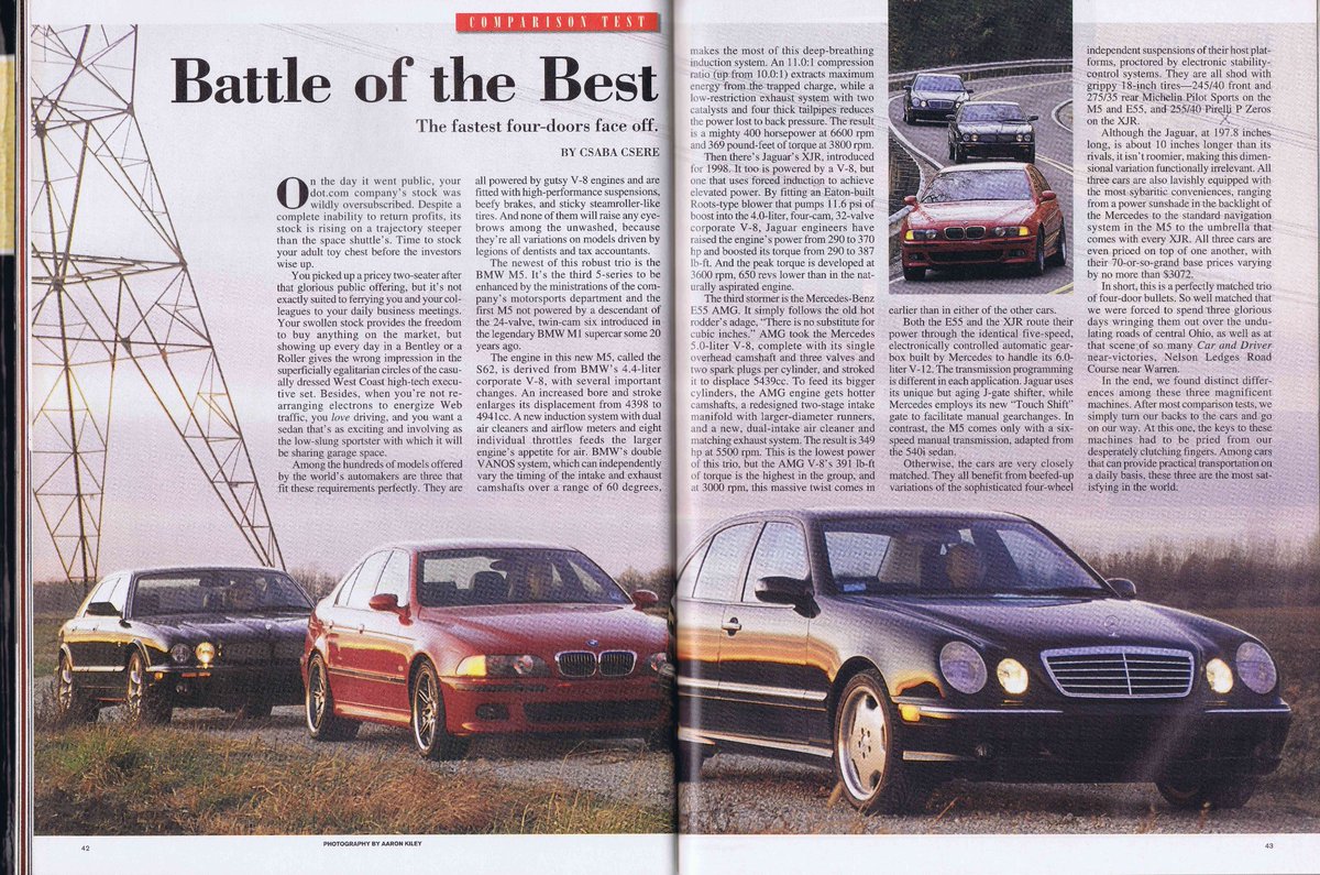 AyerCars's tweet photo. #Hace20años en Car &amp; Driver de marzo/2000: comparativo de los sedanes BMW M5, Jaguar XJR y Mercedes-Benz E 55 AMG ("Batalla de los mejores") https://t.co/P7Tl15771h