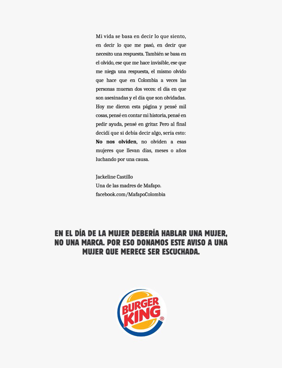 RP_Latam's tweet photo. Para el día de la mujer Burger King tenía un aviso de página completa en un diario de Medellín, pero decidió donarselo a Jackeline Castillo, la lider de una fundación, una mujer que tiene mucho más para decir que una marca.  Un trabajo de Fantástica.

Enjoy! https://t.co/UxPJa76D5p