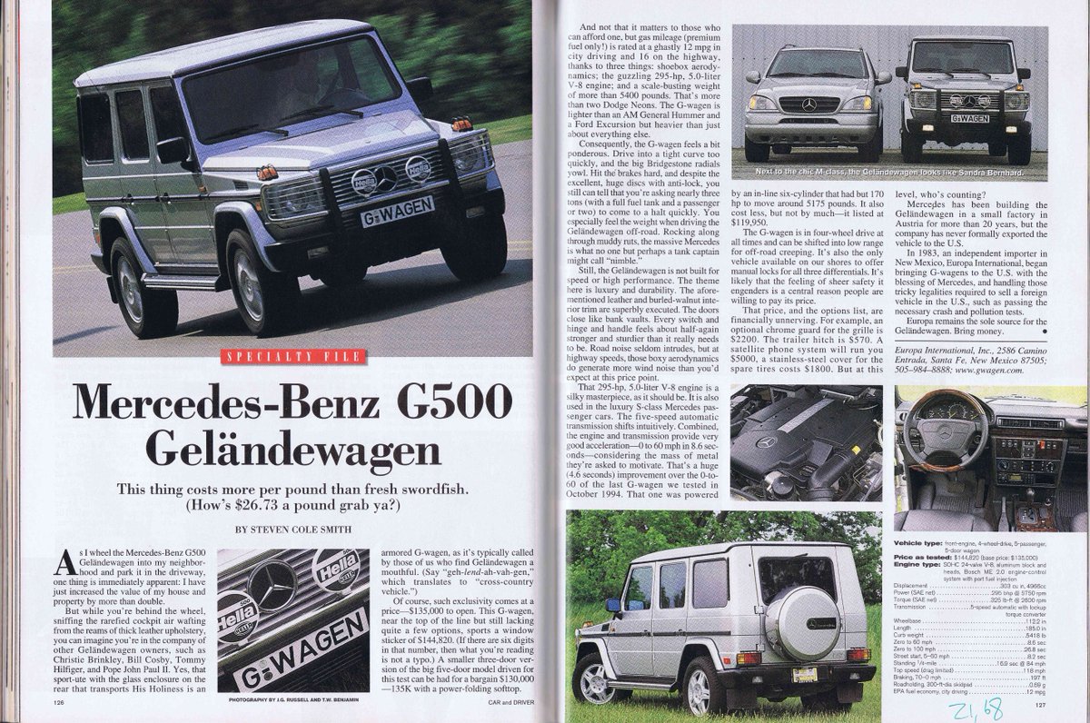 AyerCars's tweet photo. #Hace20años en Car &amp; Driver de marzo/2000: prueba del Mercedes-Benz G 500 Gelandewagen ("Esta cosa cuesta más por libra que el pez espada fresco. ¿Qué te parecen US$ 26.73 la libra por disfrutarlo?") https://t.co/2FIRg2OQ3G