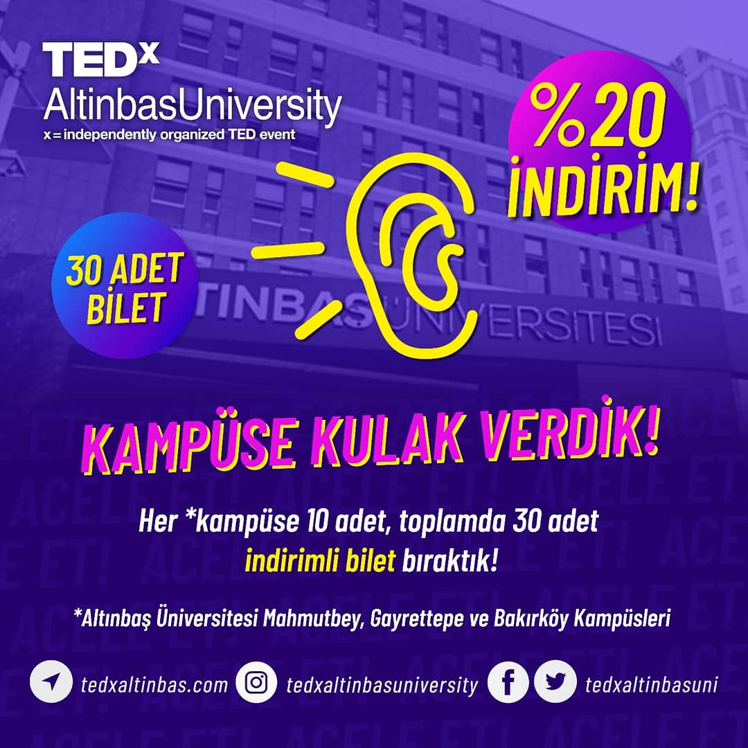 tedxaltinbasuni's tweet photo. Her kampüse 10 adet, toplamda 30 adet indirimli bilet bıraktık. Acele et, tükenmeden indirimden faydalan! UNUTMA BİLETLER SINIRLI SAYIDA! https://t.co/eC6IZUcSr8