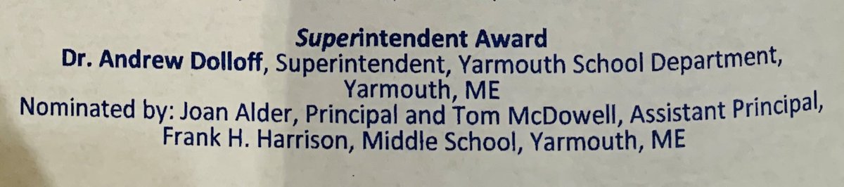 Congratulations, Dr. Andrew Dolloff on your Superintendent Award at #NELMS20 ⁦<a href="/TheRealNELMS/">NELMS</a>⁩ ⁦<a href="/JoanAdler9/">Joan Adler</a>⁩ ⁦<a href="/YarmouthHMS/">Frank H Harrison MS</a>⁩! Thank you for your dedicated support to middle level education!