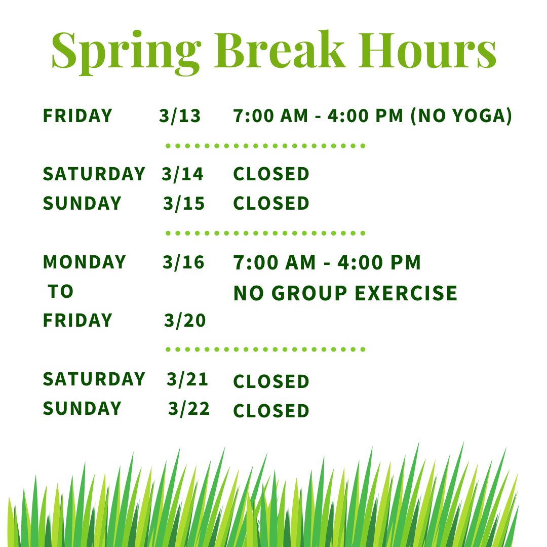 Sneak peek at our Spring break hours that begin this Friday 3/13, closing at 4:00 pm so please plan ahead! Have a save and healthy break.