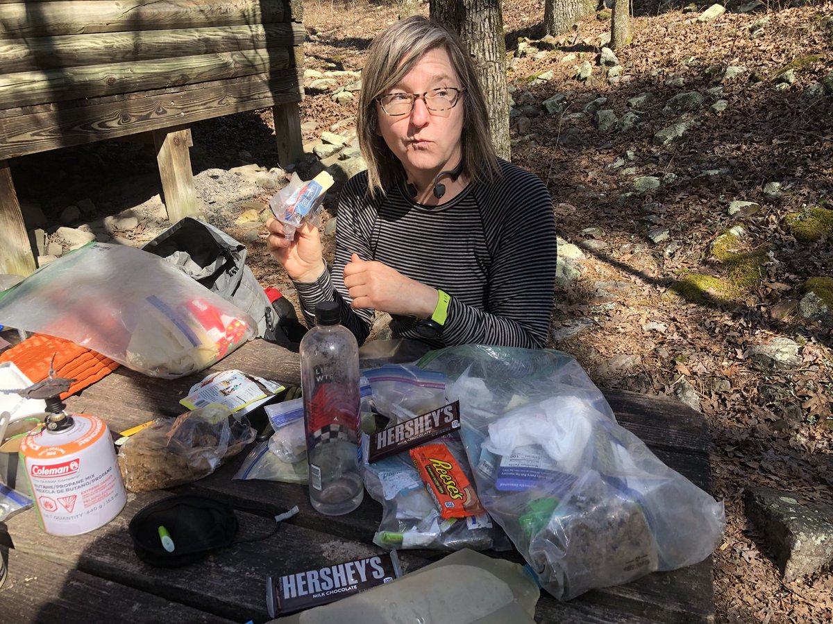 .⁦<a href="/Naomi057/">Naomi</a>⁩ demonstrating how to stay “well fed” on a thru hike. #ouachitatrail cc: ⁦<a href="/treelinereview/">treelinereview</a>⁩