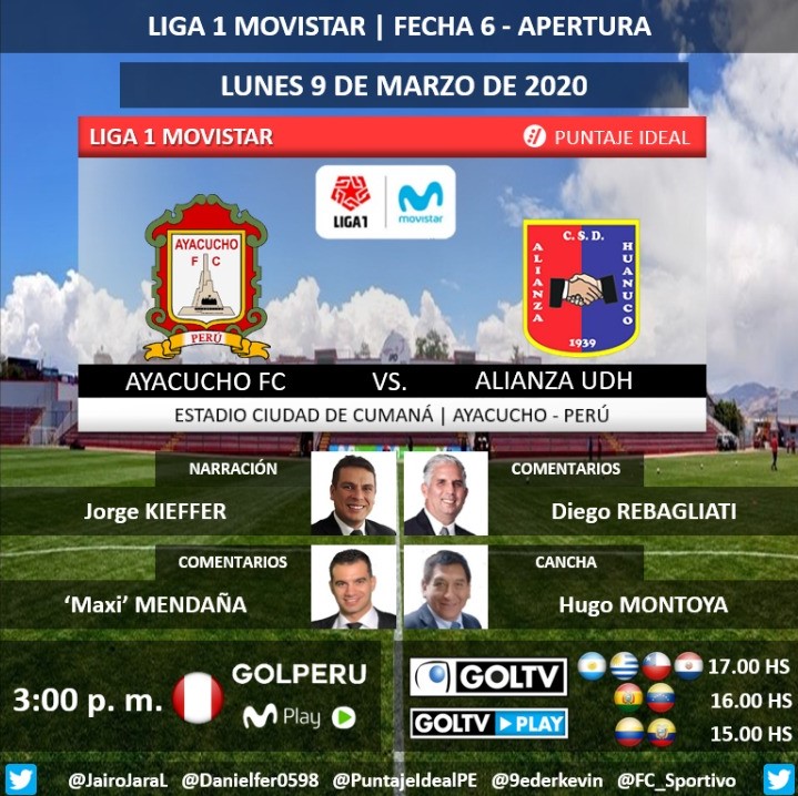 PuntajeIdealPE's tweet photo. ⚽ #Liga1Movistar 🇵🇪 | @ayacufc vs. @AlianzaUDH
🎙 Narración: @jkieffersolari
🎙 Comentarios: @diegoreba - @maximend92
📝 Cancha: #HugoMontoya
📺 @GOLPERUoficial - @GolTV
💻📱#MovistarPlayPerú - #GolTVPlay
🤳 #LIGA1MOVISTARxGOLPERÚ
Dale RT 🔃 https://t.co/ohe91d9kez