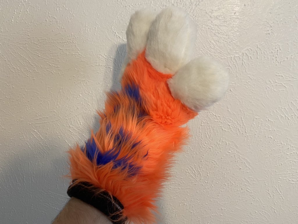 Pair of neon tiger paws!These were experimental from a while ago, hand-sewn, with removable foam fingertips. There’s two of them, just couldn’t get a photo of both with one free hand lol!Asking $70 for the pair!