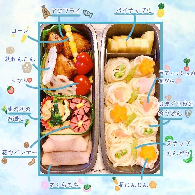 ほつキッチン A Twitter お弁当 アジフライ 菜の花のお浸し 花ウインナー さくらもち はまぐり出汁のうどん パイナップル 春のうどん弁当 しっかり水で締めて水を切り ごま油で和えて一口くるくる これでうどんも固まりません 愛妻弁当 春
