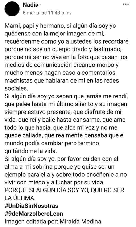 mariam_SV's tweet photo. Pude haber sido yo, mi hermana, mi mamá, alguna amiga.
Ya estoy hasta la madre carajo.
Hoy por ti, Nadia y por todas nosotras. Tristes,cansadas, hartas pero unidas. #MEENFERMAN https://t.co/x06blYYwHa
