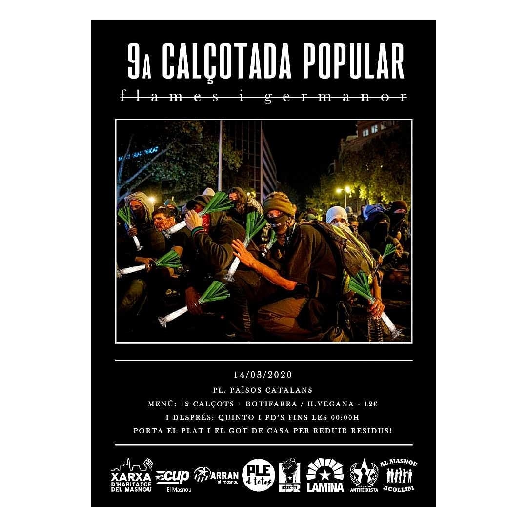 Dissabte 14 de març 9a calçotada als Jardins dels Països Catalans.
Quinto i PD's fins a les 24h.
Porta plat,coberts i got per reduir residus. Venda de tiquets al <a href="/laminademasnou/">Casal Popular la Mina</a>