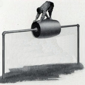 This kind of thing, but wooden cylinder rather than barrel-shaped, and steps up each end and solid structure, not pipe / rail. And concrete floor of course.