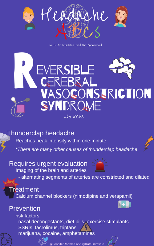 KateGrimsrud's tweet photo. R is for Reversible Cerebral Vasoconstriction Syndrome (#RCVS)
#HeadacheABCs with @JenniferRobblee 

RCVS is an important cause of thunderclap headache (sudden onset worst headache of life) that requires urgent evaluation, due to diffuse narrowing of arteries in the brain https://t.co/jvSwI5qBxk