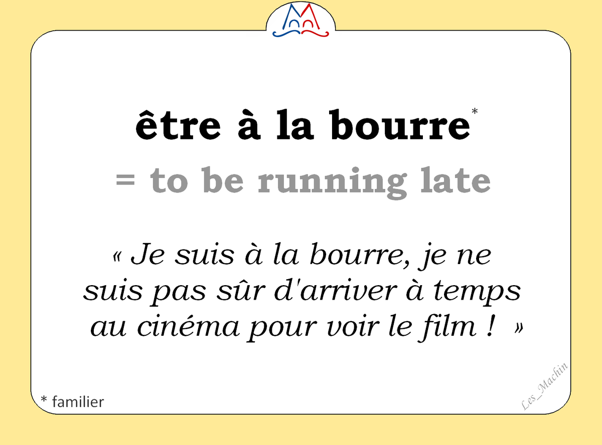 Les_Machin's tweet photo. L'expression (familière) du jour : 
« être à la bourre » [ɛtʀ a la buʀ] 
⏰🏃‍♂️⌛ 
#learnfrench #FLE 
#ClasseFLE #french https://t.co/E3aqTX0af1