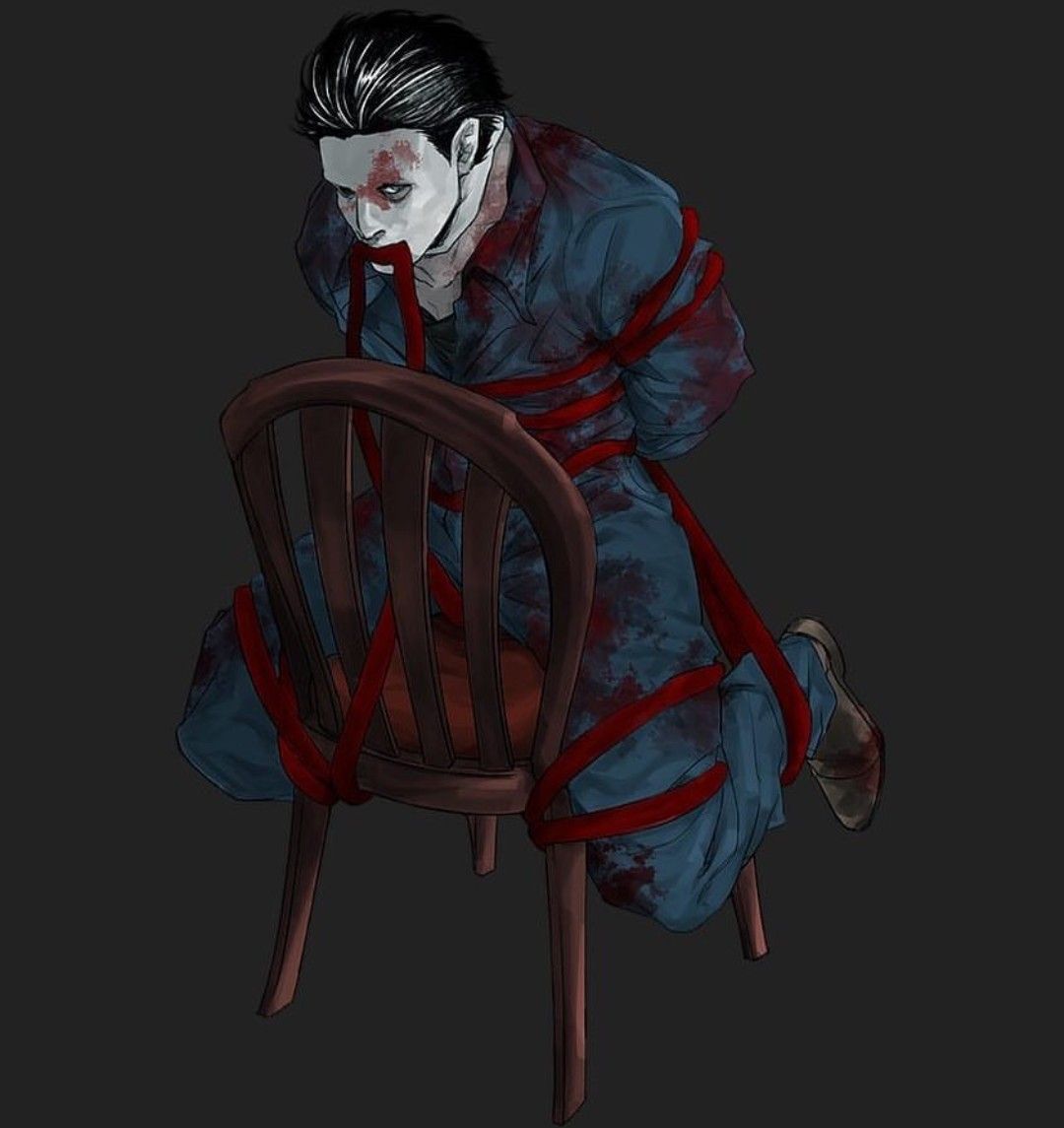 He wakes up and notices he was tied up, he also notices his knife was nowhere close.