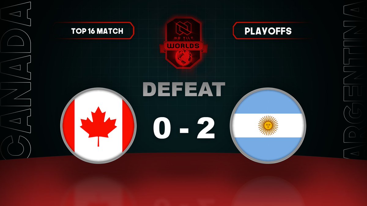Canada's run ends here as we fall 0-2 to <a href="/SeleccionArgCR/">Sel. Argentina CR</a> in the top 16 of <a href="/NoTiltGG/">No Tilt</a> 

Even though we ended on a disappointing performance , we're proud of what our team (Sweep 🌚) accomplished in this event.

💪🇨🇦