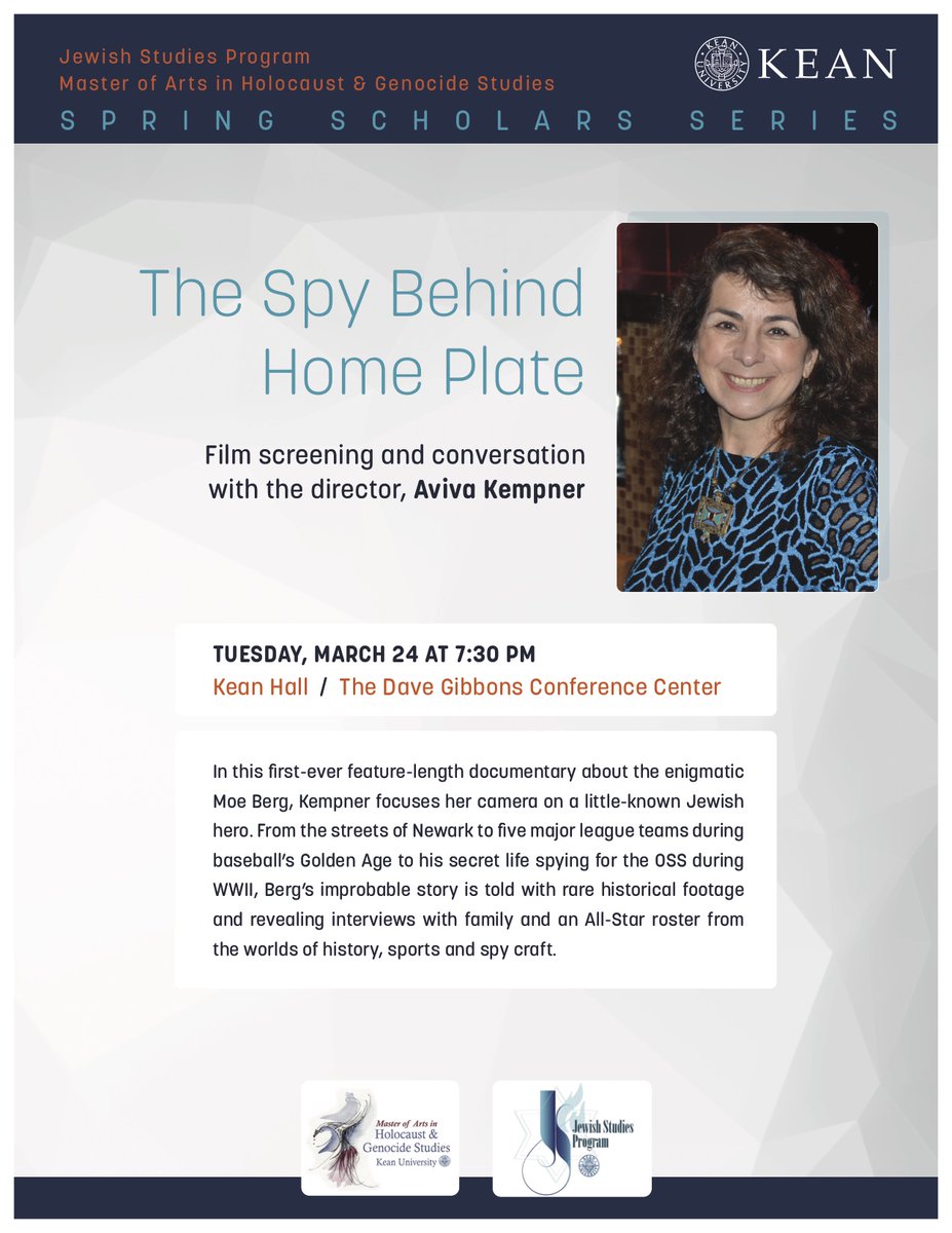 KUMAHGS's tweet photo. Come join us for a film screening of The Spy Behind Home Plate, along with a conversation with director Aviva Kempner! #keanuniversity #film #Documentary #BaseBall #spy #History #JewishHistory @KeanUniversity https://t.co/zS3IipLtYT